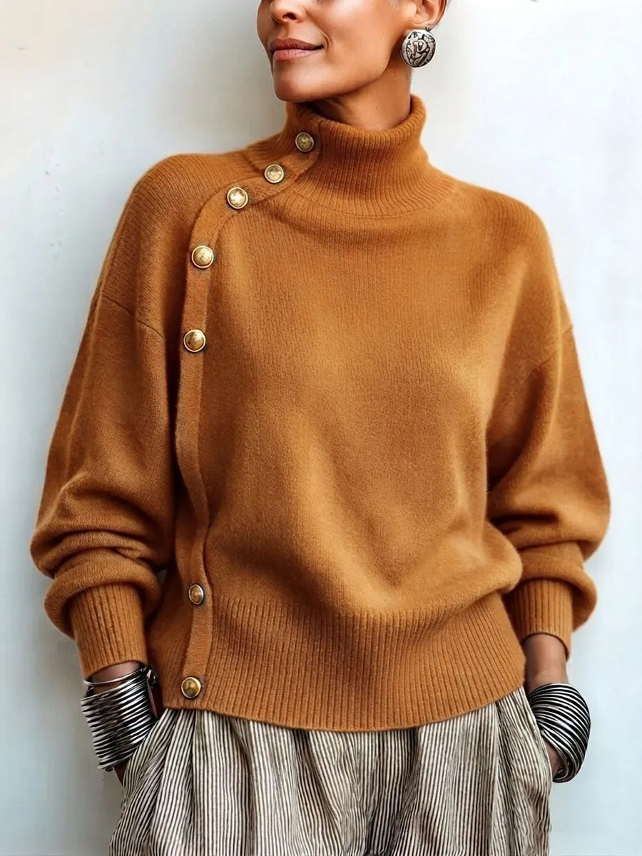 CLEARANCE SALE🔥 Chic Elegant Asymmetrical Button Turtleneck Sweater-halonarra