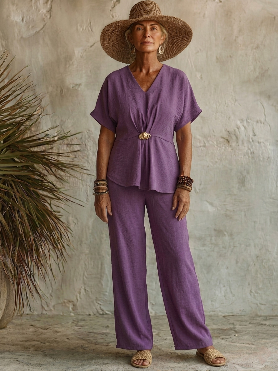 Comfortable Chiffon V-Neck Top with Metal Buttons Two-piece Set