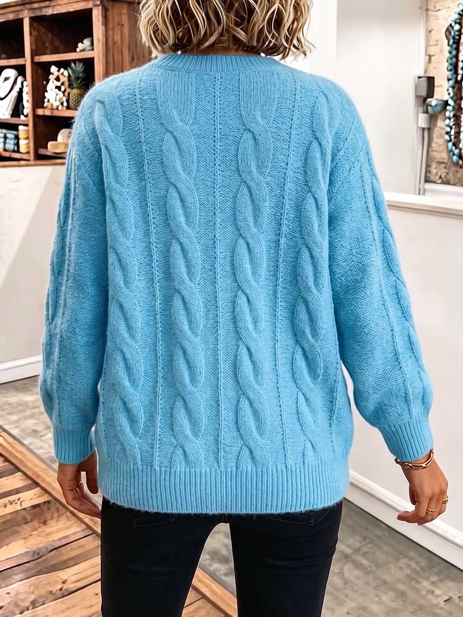 CLEARANCE SALE🔥  Women's Solid Color Round Neck Long Sleeve 3d Cable Knit Casual Loose Pullover Knit Sweater-halonarra