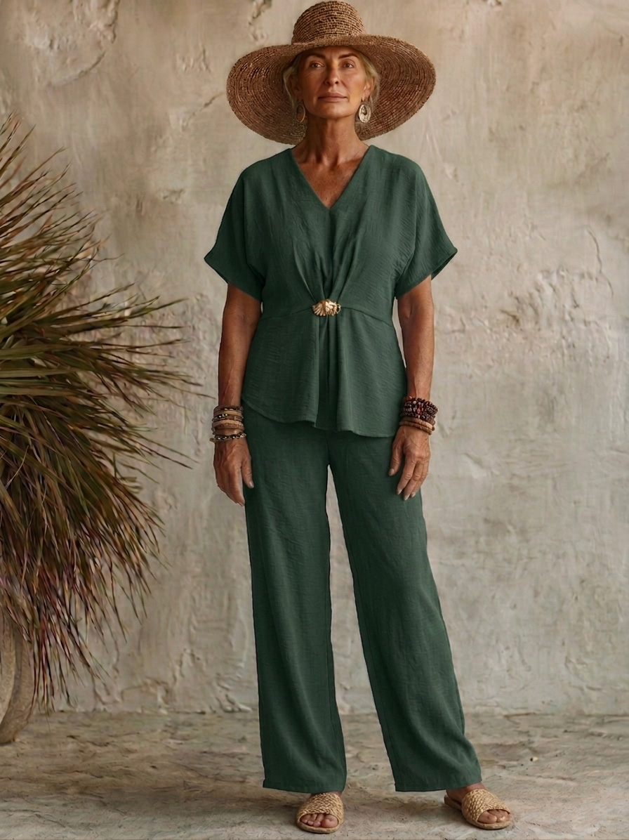 Comfortable Chiffon V-Neck Top with Metal Buttons Two-piece Set