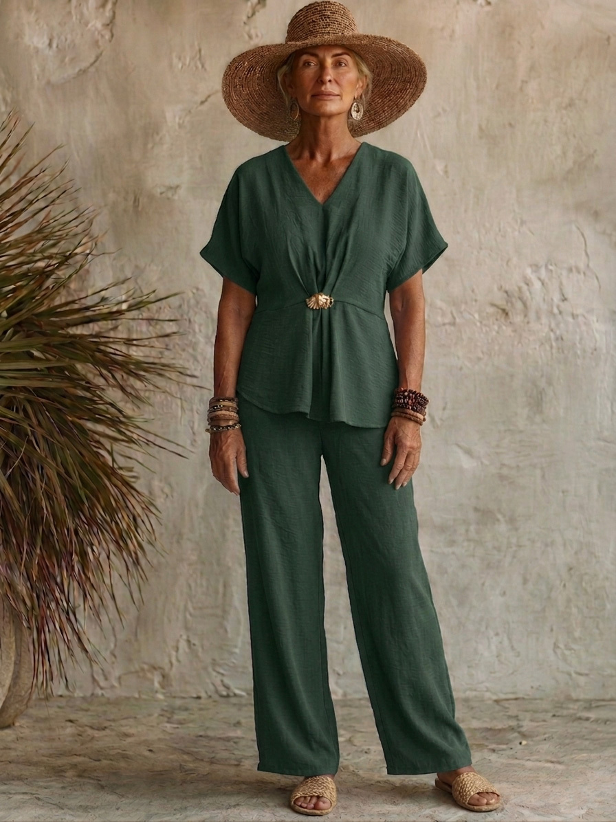 Comfortable Chiffon V-Neck Top with Metal Buttons Two-piece Set