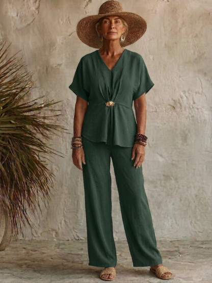 Comfortable Chiffon V-Neck Top with Metal Buttons Two-piece Set