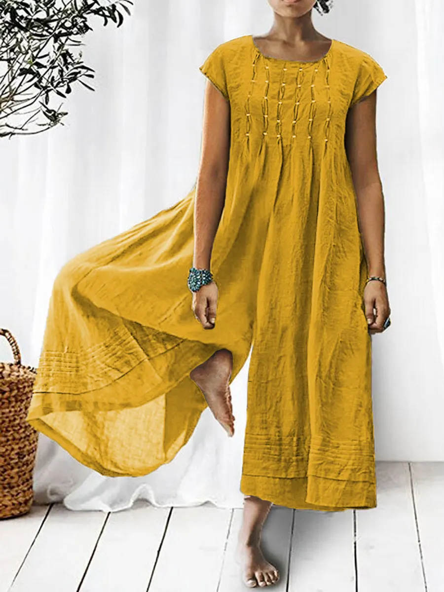 💝💝Women's Solid Color Art Casual Short Sleeve Cotton Linen Jumpsuit