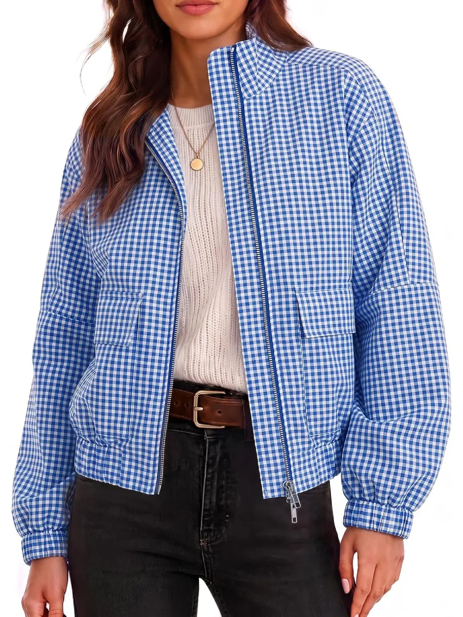 CLEARANCE SALE🔥 Plaid Zip-Up Stand Collar Jacket-halonarra