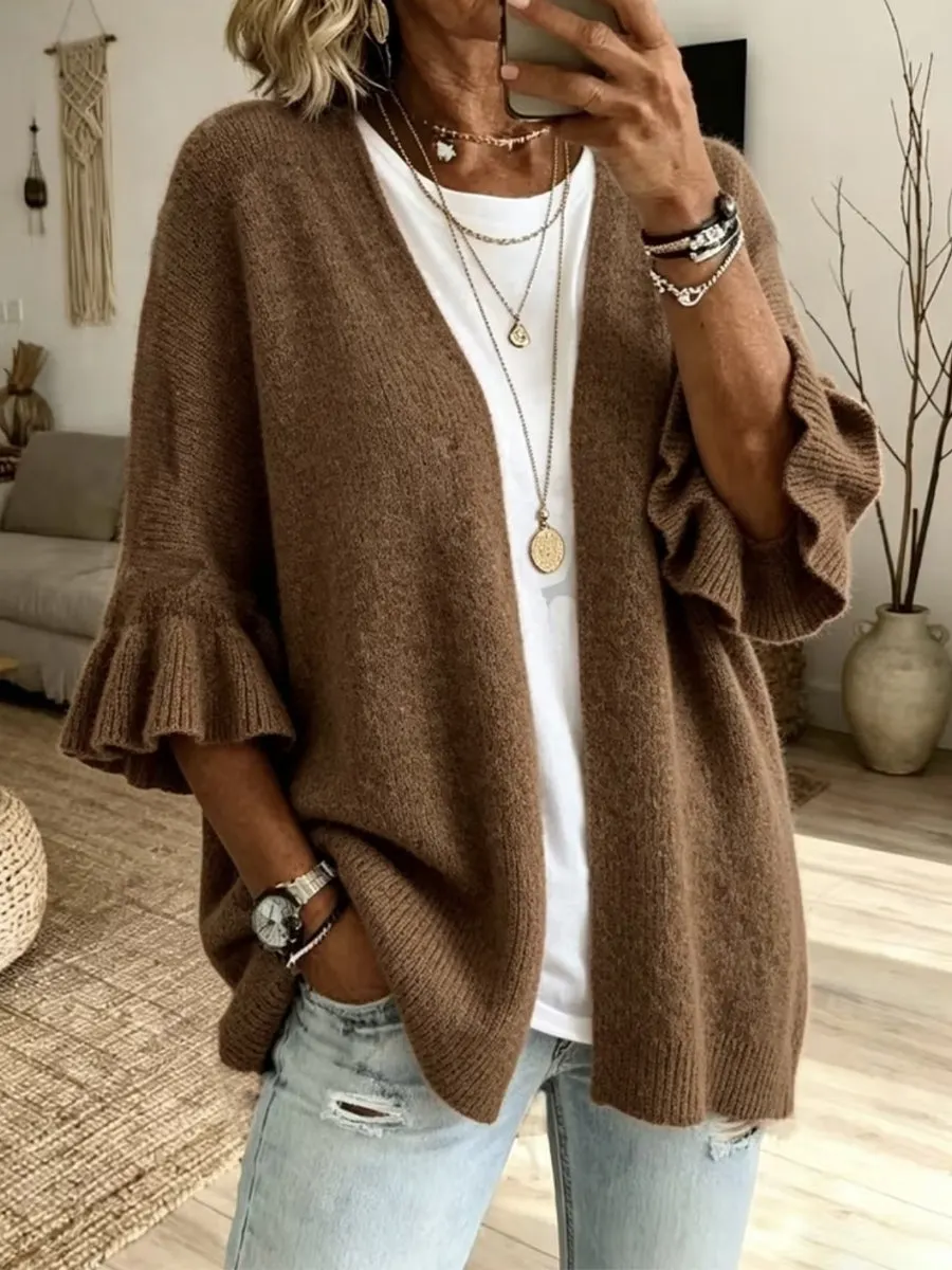 New Arrival🔥 Solid-color, Loose-fit, Casual Knit Cardigan With Three-quarter Sleeves-halonarra