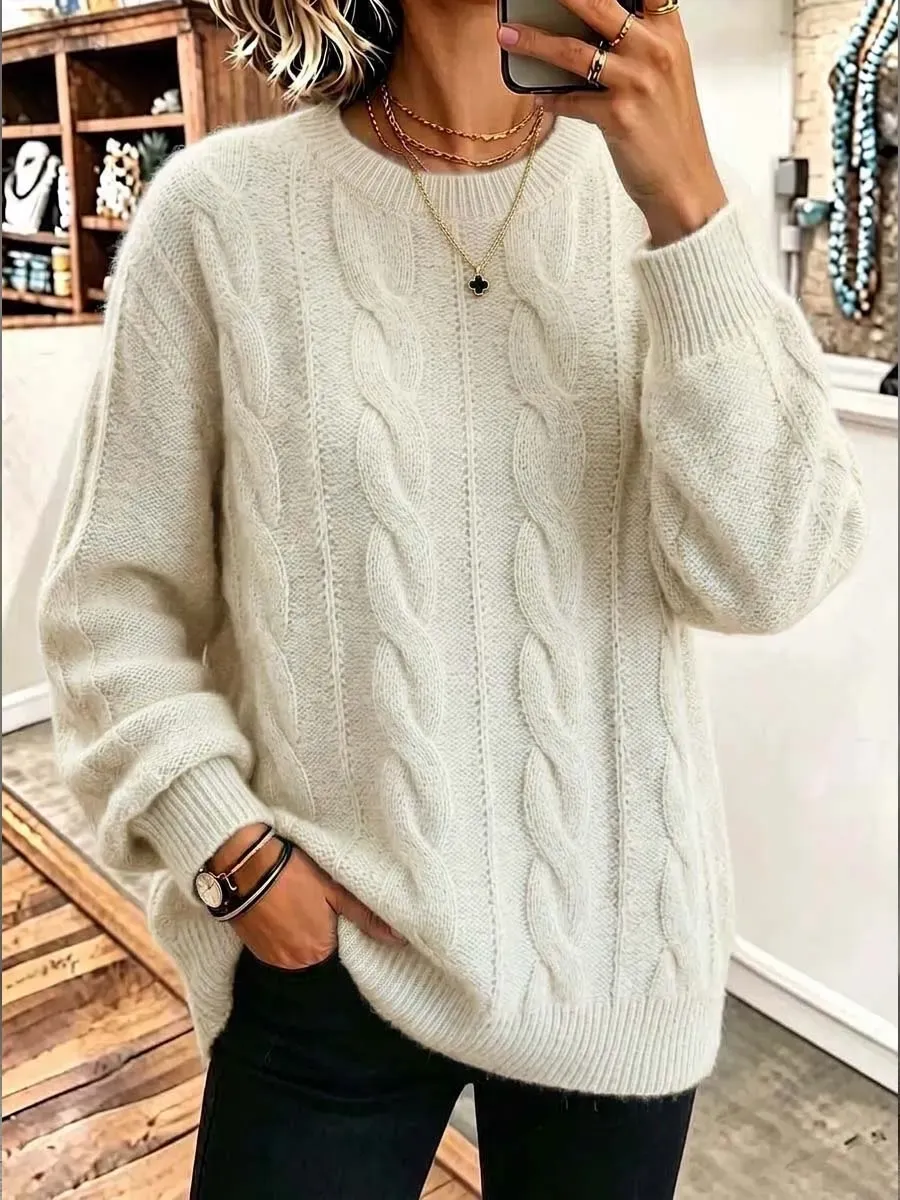 CLEARANCE SALE🔥  Women's Solid Color Round Neck Long Sleeve 3d Cable Knit Casual Loose Pullover Knit Sweater-halonarra