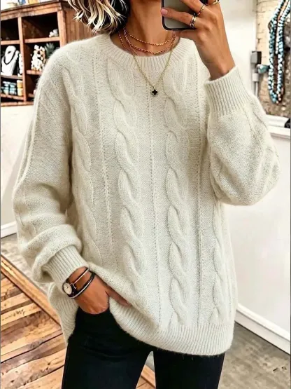 CLEARANCE SALE🔥  Women's Solid Color Round Neck Long Sleeve 3d Cable Knit Casual Loose Pullover Knit Sweater-halonarra