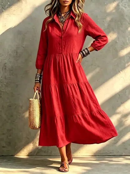 CLEARANCE🔥 Loose Cotton Linen Lapel Dress-halonarra