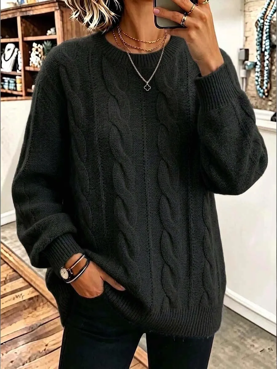 CLEARANCE SALE🔥  Women's Solid Color Round Neck Long Sleeve 3d Cable Knit Casual Loose Pullover Knit Sweater-halonarra