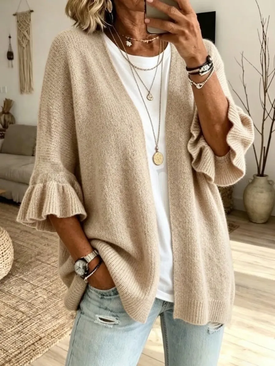 New Arrival🔥 Solid-color, Loose-fit, Casual Knit Cardigan With Three-quarter Sleeves-halonarra
