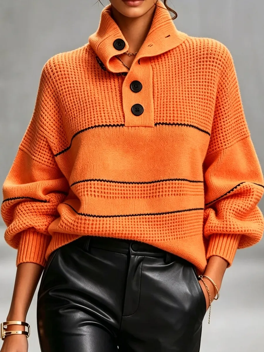 CLEARANCE SALE🔥 Cozy, Chic Knit Top With A Buttoned Stand Collar And Contrasting Stripes-simplysoftwear