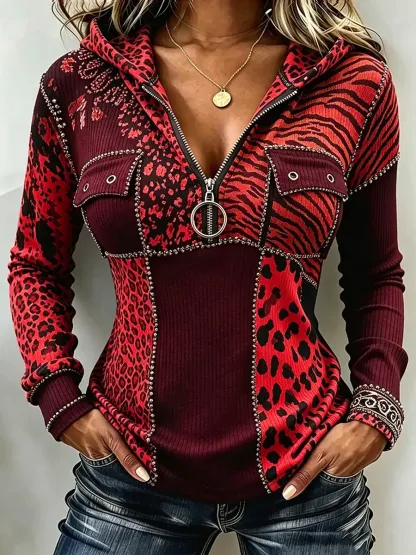 New Arrivals🔥 Chic Animal Patchwork Print Ribbed Hooded Top-simplysoftwear