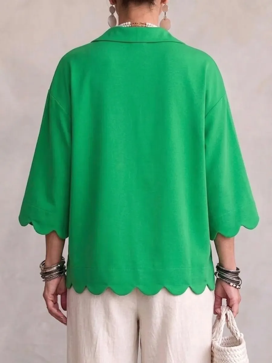 New Arrival🔥 Scallop‑trim Lapel Collar 3/4 Sleeve Relaxed Top-halonarra