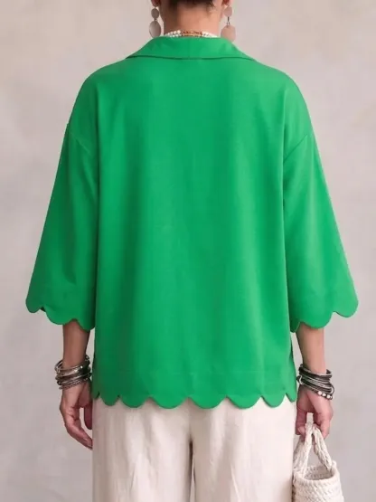 New Arrival🔥 Scallop‑trim Lapel Collar 3/4 Sleeve Relaxed Top-halonarra