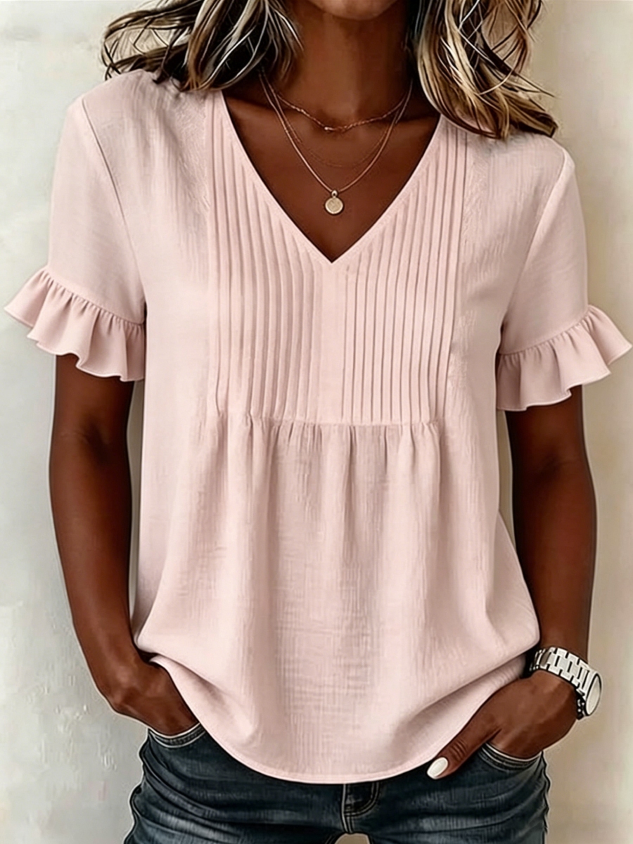New Arrivals🔥Women's Flared Sleeves And Pleated Detail Loose-fit Solid-color V-neck Shirt Top
