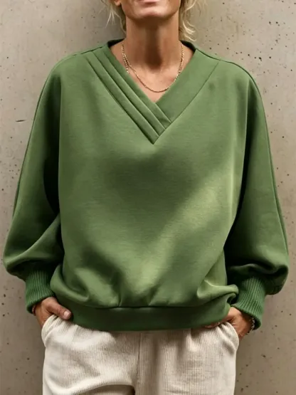 NEW ARRIVALS🔥 Pleated V-Neck Drop Shoulder Sweatshirt-halonarra