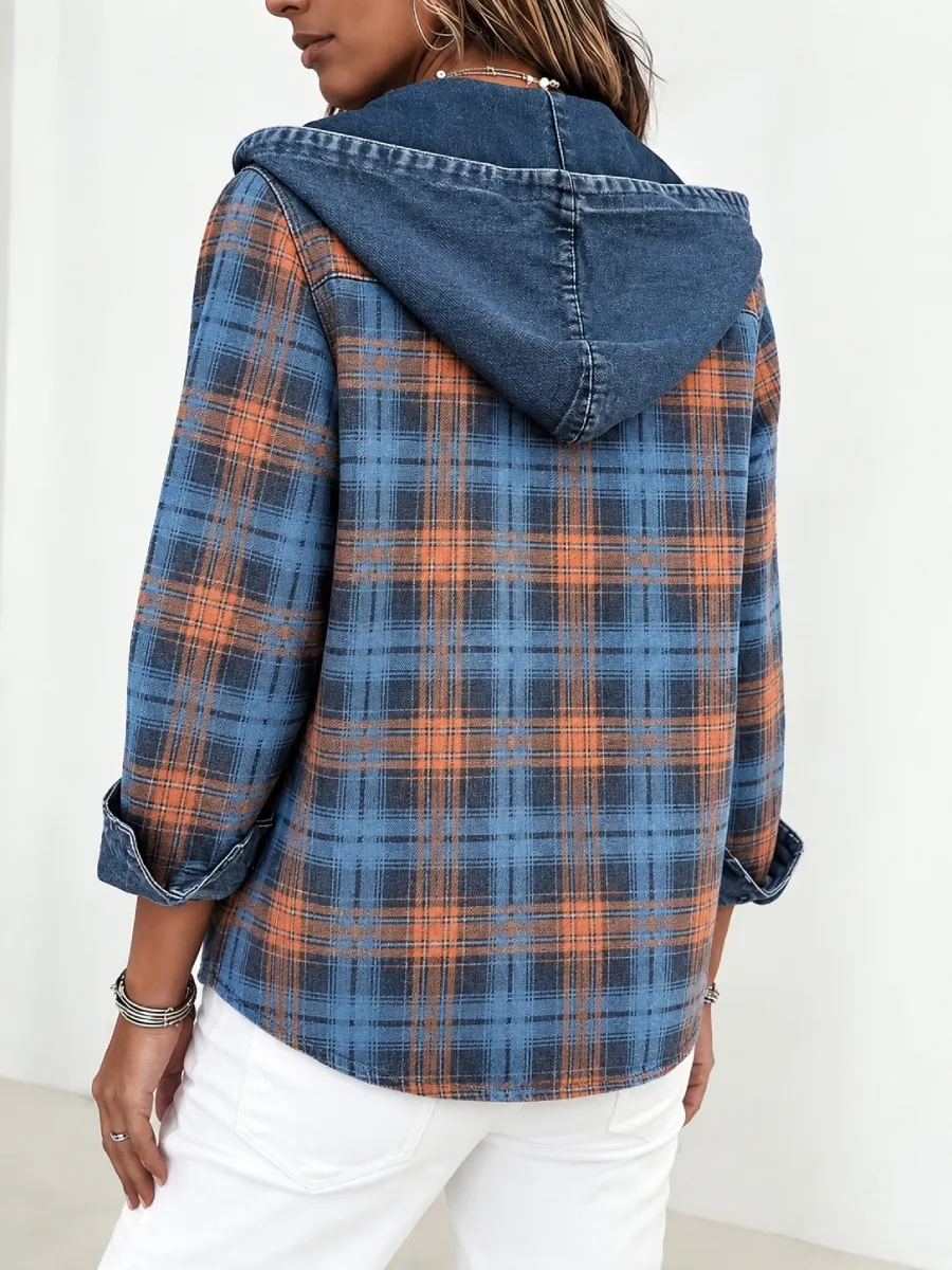 CLEARANCE SALE🔥 Women's Plaid Print Hooded Button Front Shacket-simplysoftwear