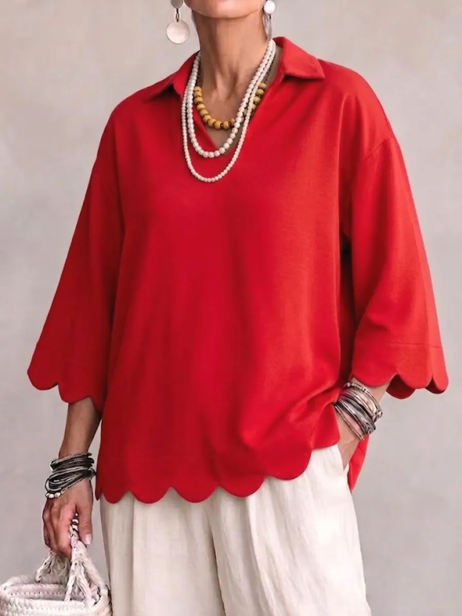 New Arrival🔥 Scallop‑trim Lapel Collar 3/4 Sleeve Relaxed Top-halonarra