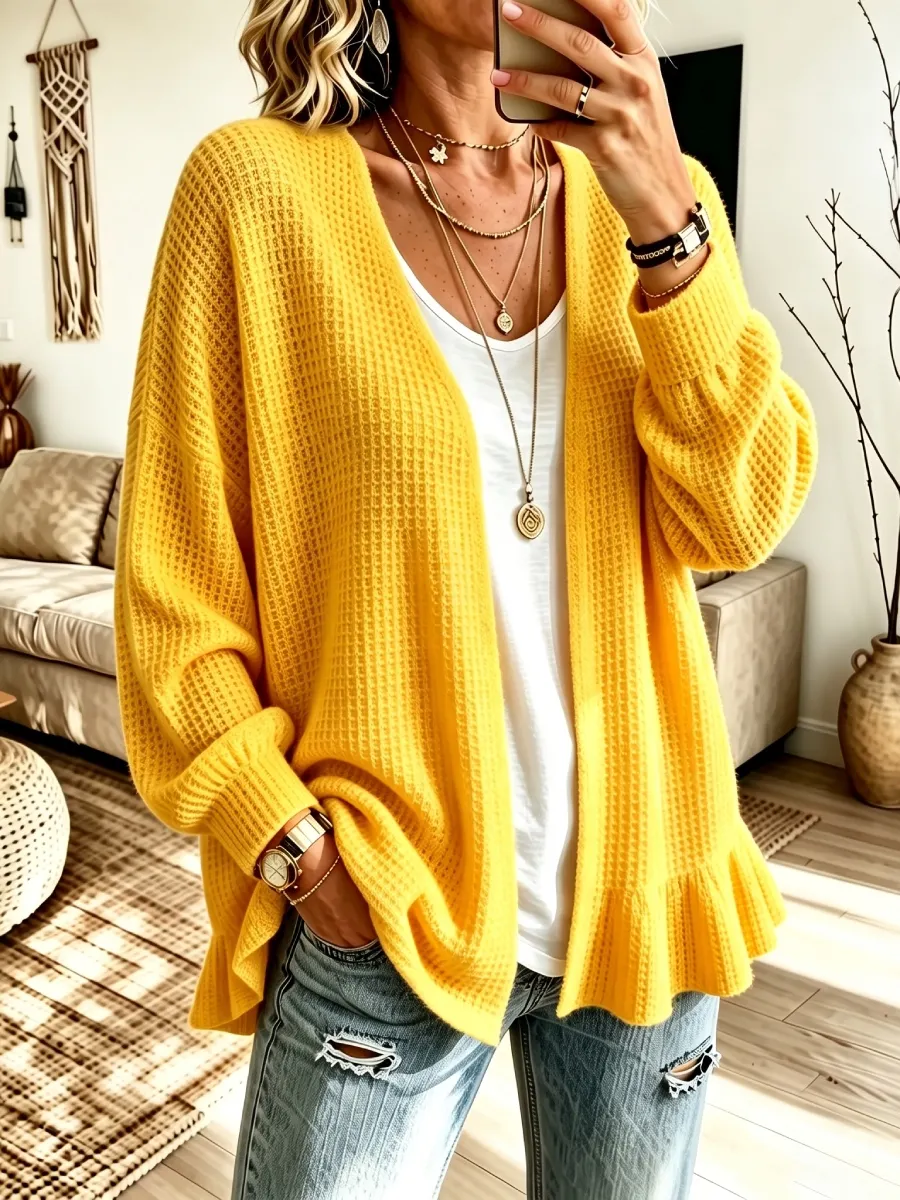 CLEARANCE SALE🔥 Women's Ruffle Hem Waffle Knit Open Front Cardigan-simplysoftwear