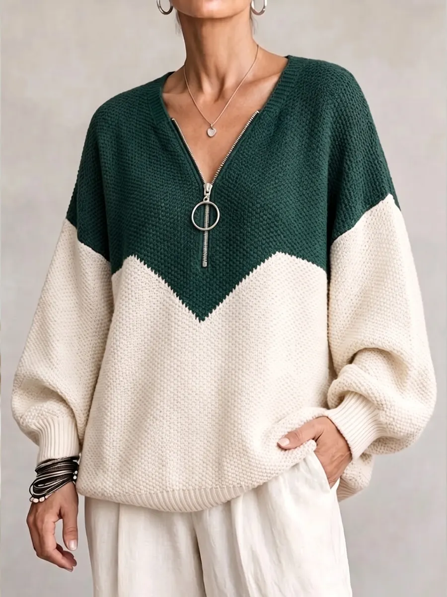 NEW ARRIVAL🔥  Women's Chevron Color Block Quarter-Zip Sweater Loose O-Ring Zipper Pullover Knit Top-simplysoftwear