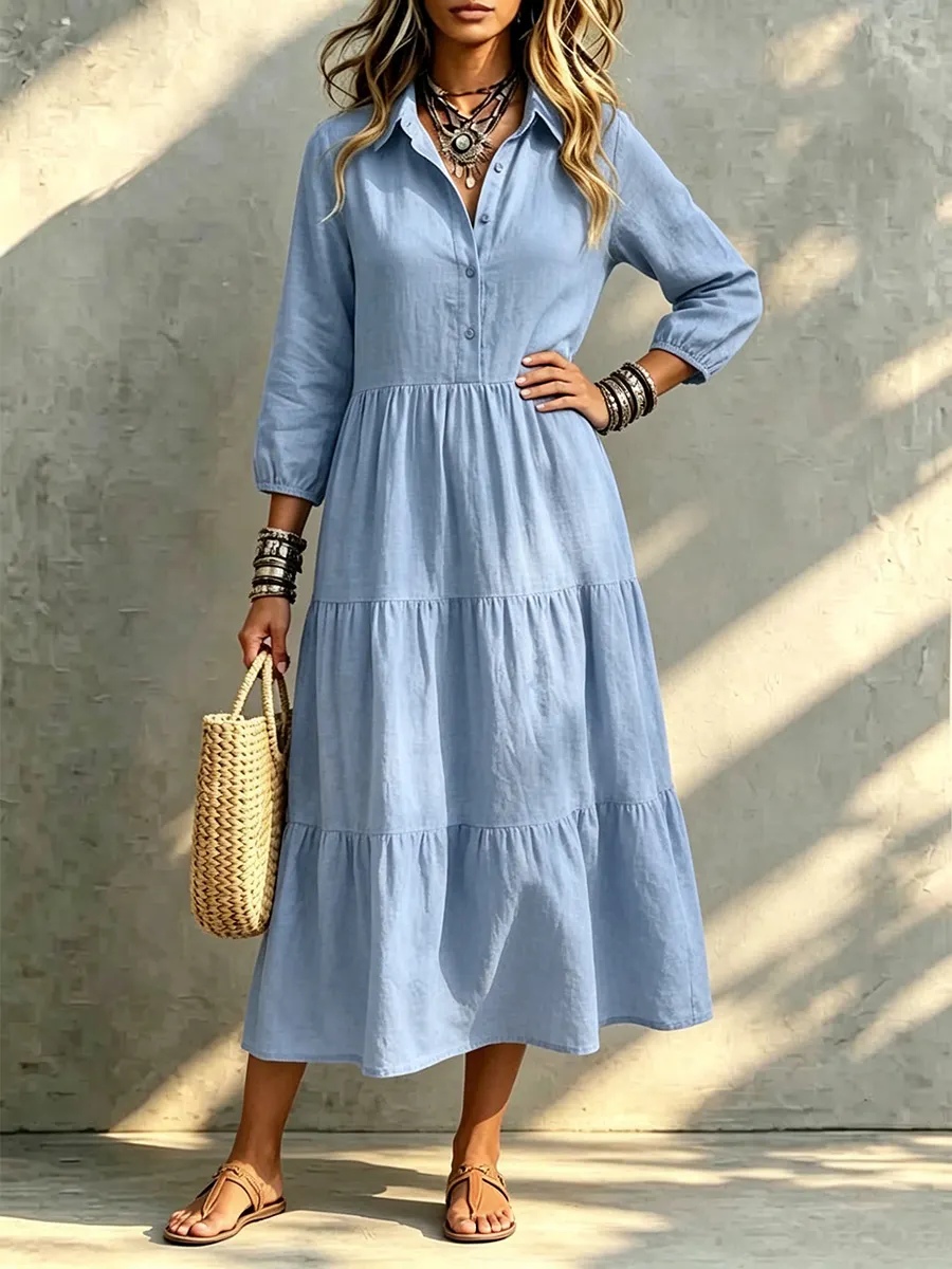 CLEARANCE🔥 Loose Cotton Linen Lapel Dress-halonarra