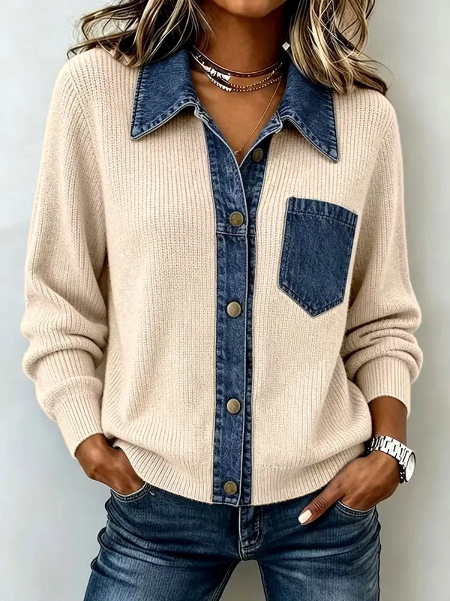 CLEARANCE SALE🔥 Women's Casual Denim Pocket Knit Tops-simplysoftwear