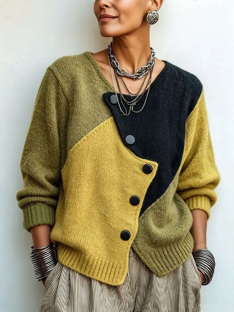 NEW ARRIVALS🔥  Artisti Cozy Asymmetric Color-block Knit Sweater-halonarra