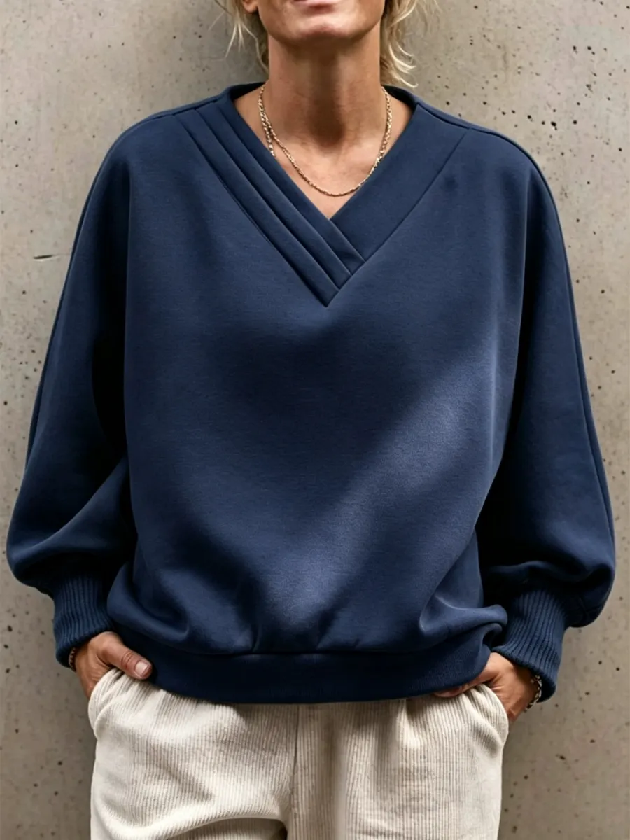 NEW ARRIVALS🔥 Pleated V-Neck Drop Shoulder Sweatshirt-halonarra