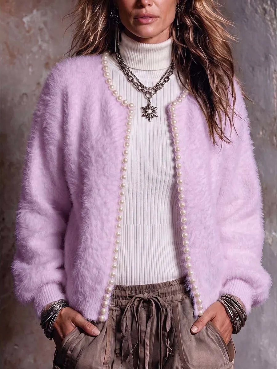 New Arrival🔥 Women's Solid Color Round Neck Long Sleeve Beaded Casual Loose Knit Cardigan-halonarra