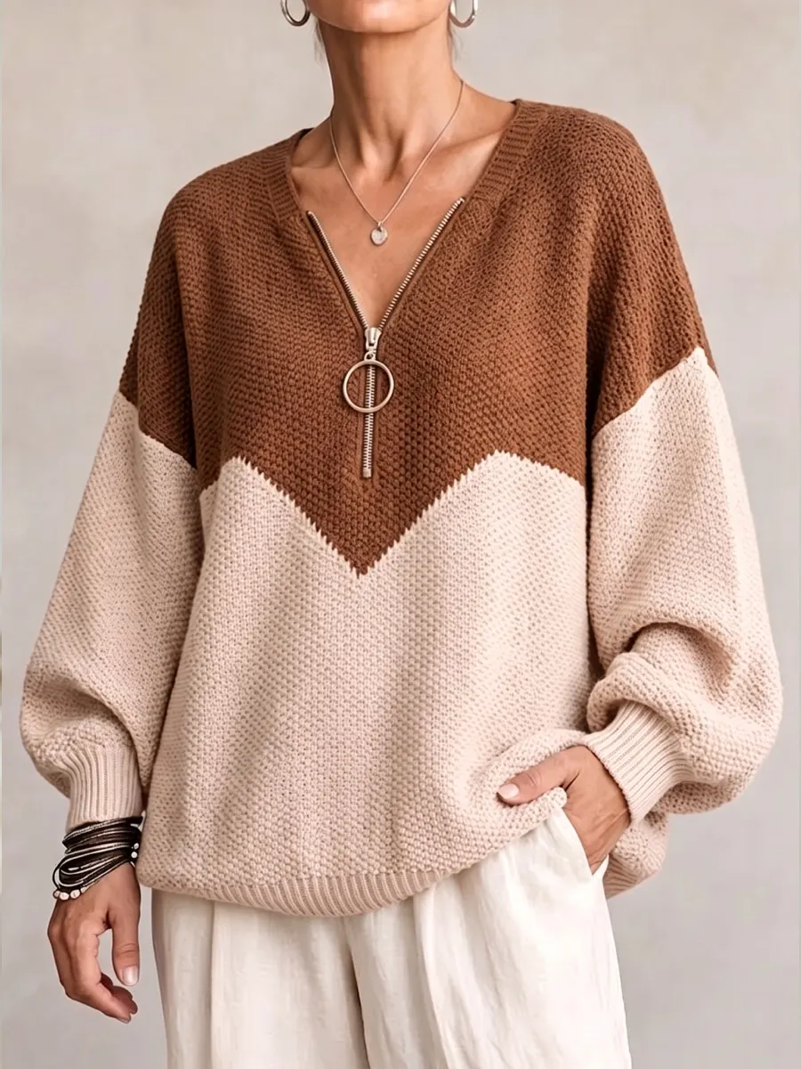 NEW ARRIVAL🔥  Women's Chevron Color Block Quarter-Zip Sweater Loose O-Ring Zipper Pullover Knit Top-simplysoftwear