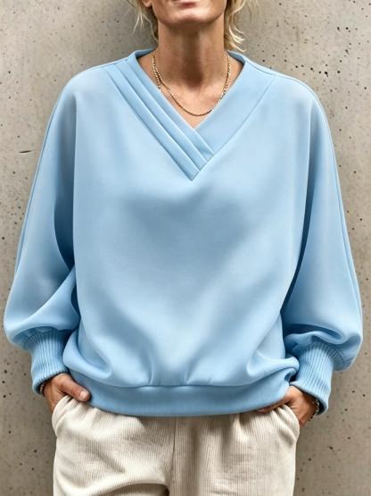 NEW ARRIVALS🔥 Pleated V-Neck Drop Shoulder Sweatshirt-halonarra