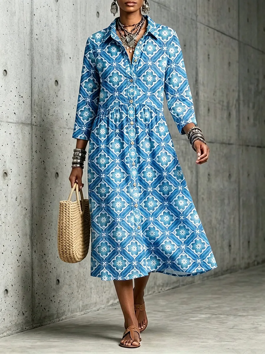 New Arrivals🔥 Mediterranean Bloom Print Midi Dress-halonarra