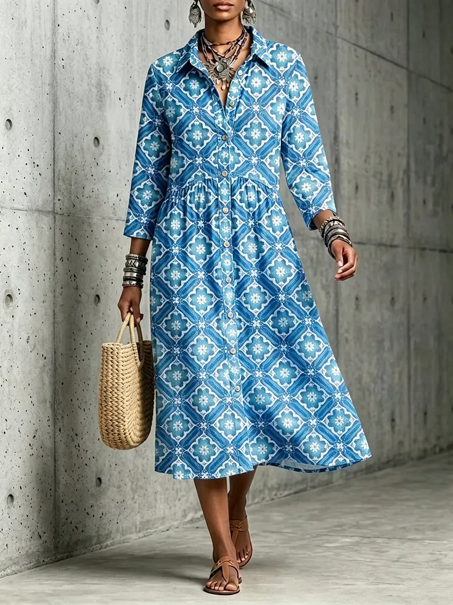 New Arrivals🔥 Mediterranean Bloom Print Midi Dress-halonarra