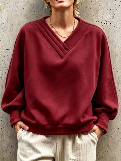 NEW ARRIVALS🔥 Pleated V-Neck Drop Shoulder Sweatshirt-halonarra