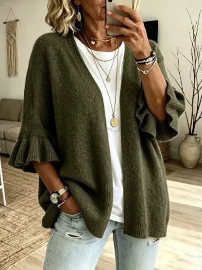 New Arrival🔥 Solid-color, Loose-fit, Casual Knit Cardigan With Three-quarter Sleeves-halonarra
