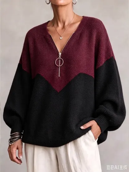 NEW ARRIVAL🔥  Women's Chevron Color Block Quarter-Zip Sweater Loose O-Ring Zipper Pullover Knit Top-simplysoftwear