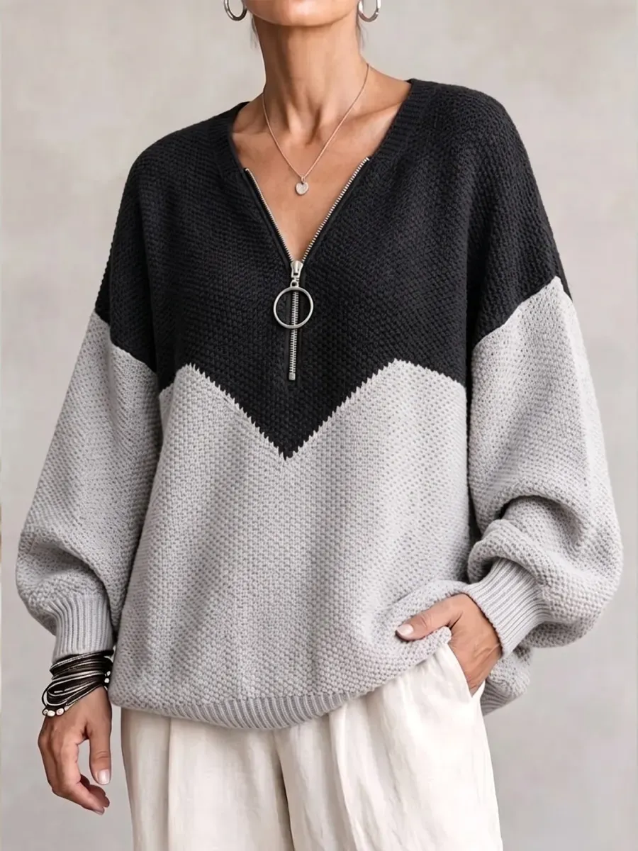 NEW ARRIVAL🔥  Women's Chevron Color Block Quarter-Zip Sweater Loose O-Ring Zipper Pullover Knit Top-simplysoftwear
