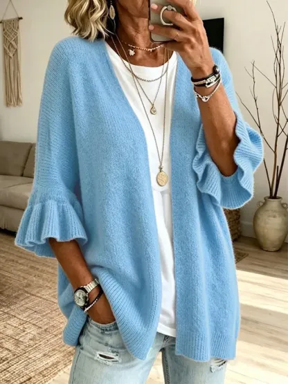 New Arrival🔥 Solid-color, Loose-fit, Casual Knit Cardigan With Three-quarter Sleeves-halonarra
