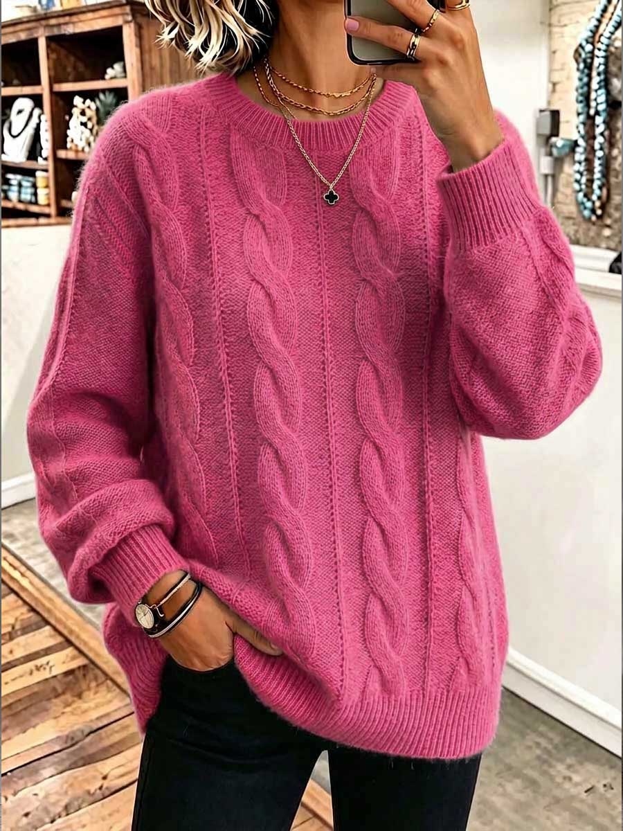 CLEARANCE SALE🔥  Women's Solid Color Round Neck Long Sleeve 3d Cable Knit Casual Loose Pullover Knit Sweater-halonarra