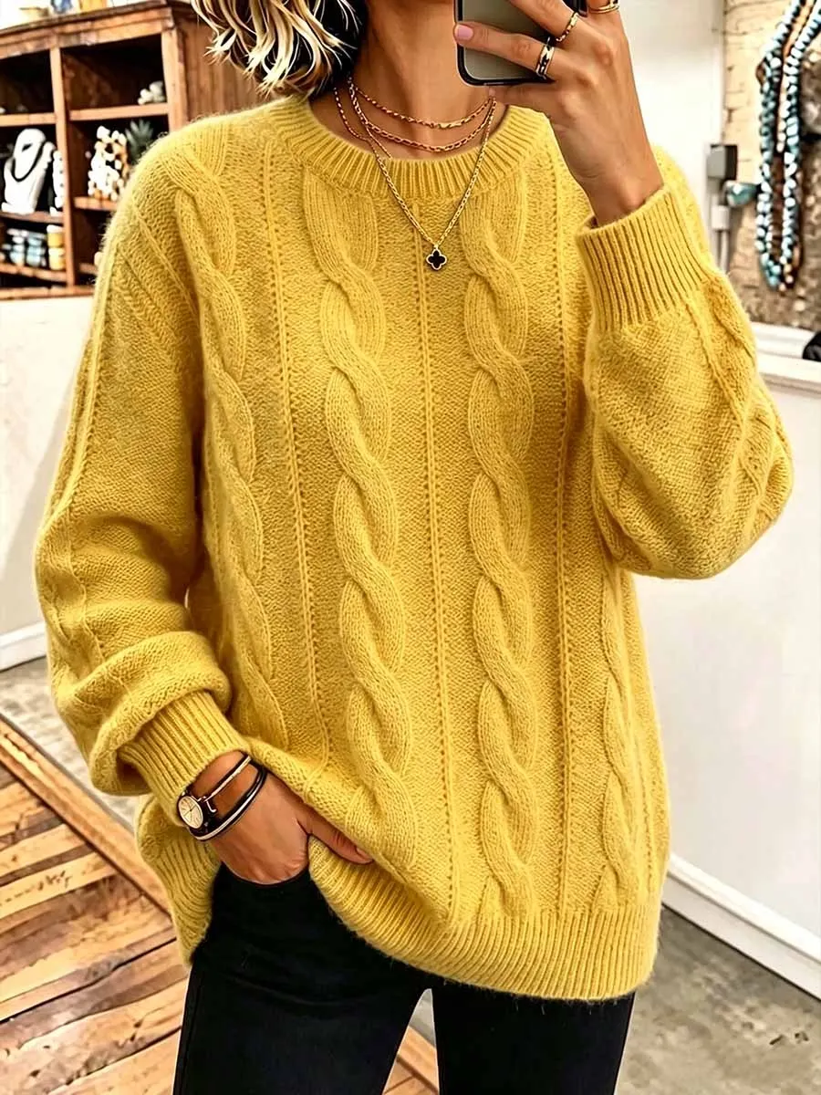 CLEARANCE SALE🔥  Women's Solid Color Round Neck Long Sleeve 3d Cable Knit Casual Loose Pullover Knit Sweater-halonarra