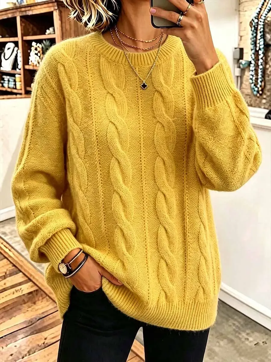 CLEARANCE SALE🔥  Women's Solid Color Round Neck Long Sleeve 3d Cable Knit Casual Loose Pullover Knit Sweater-halonarra