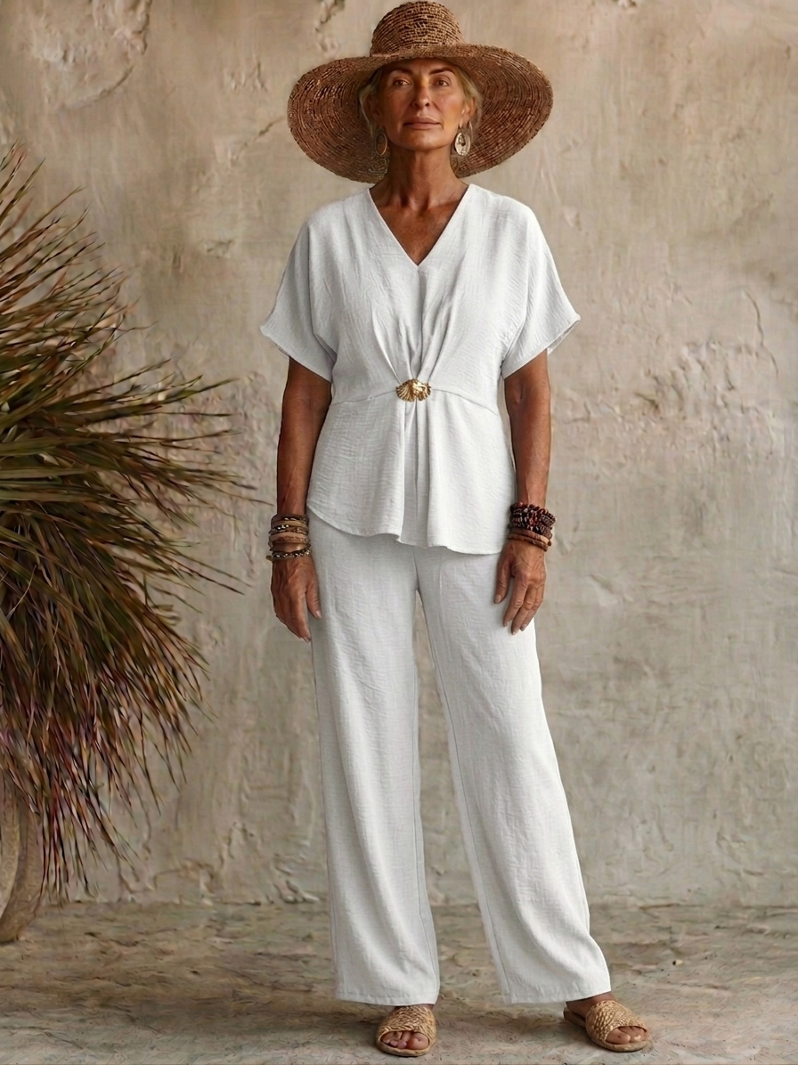 Comfortable Chiffon V-Neck Top with Metal Buttons Two-piece Set