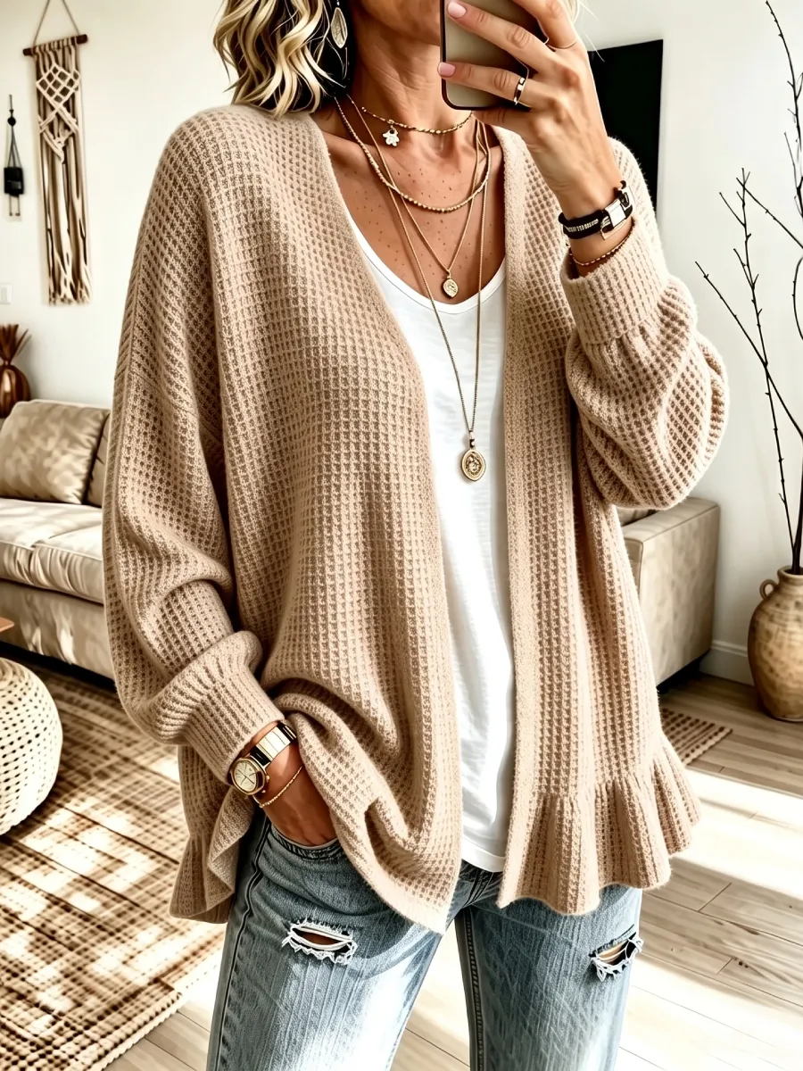 CLEARANCE SALE🔥 Women's Ruffle Hem Waffle Knit Open Front Cardigan-simplysoftwear