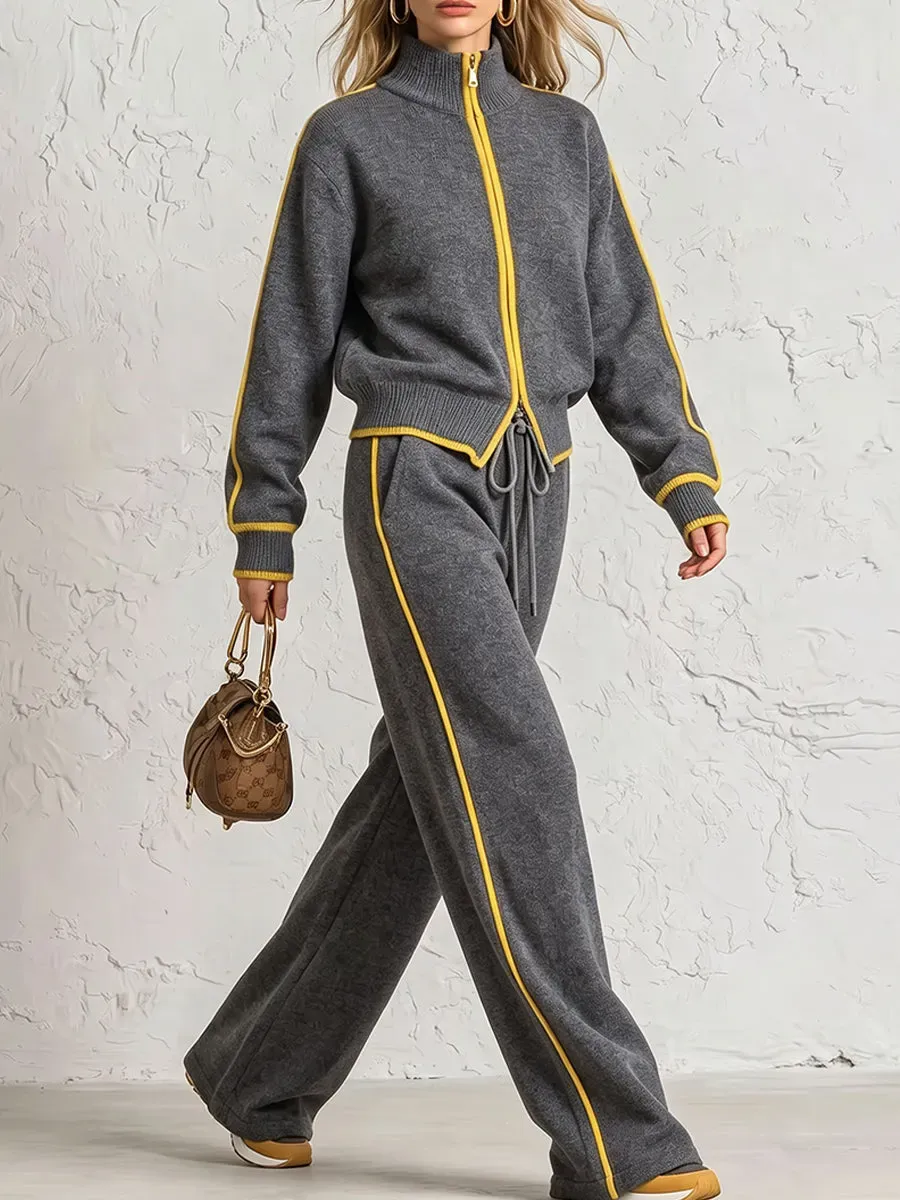 CLEARANCE SALE🔥 Chic Color Block Trim Knit Loungewear Set-halonarra