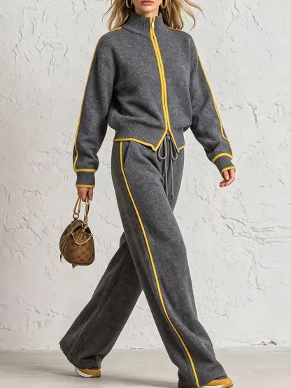 CLEARANCE SALE🔥 Chic Color Block Trim Knit Loungewear Set-halonarra