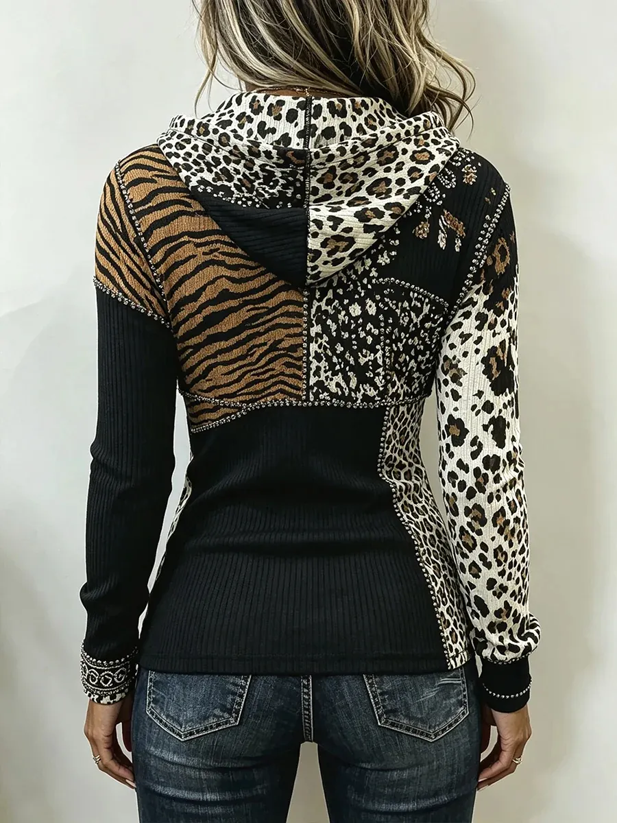 New Arrivals🔥 Chic Animal Patchwork Print Ribbed Hooded Top-simplysoftwear