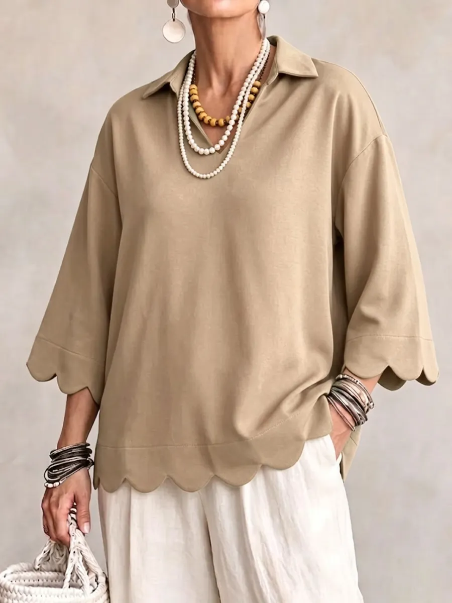 New Arrival🔥 Scallop‑trim Lapel Collar 3/4 Sleeve Relaxed Top-halonarra