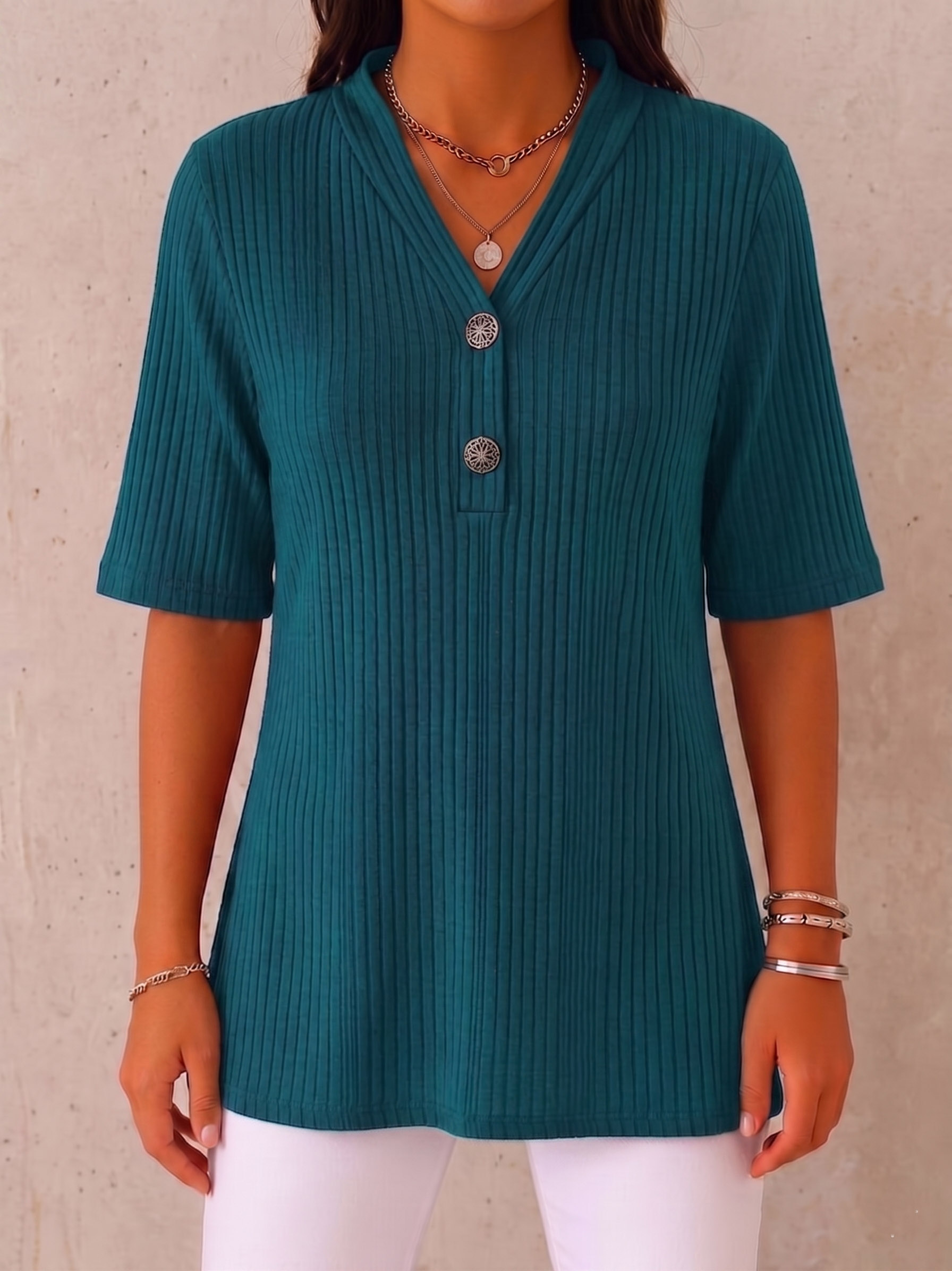 CLEARANCE SALE🔥 Ribbed Button-Neck Tee