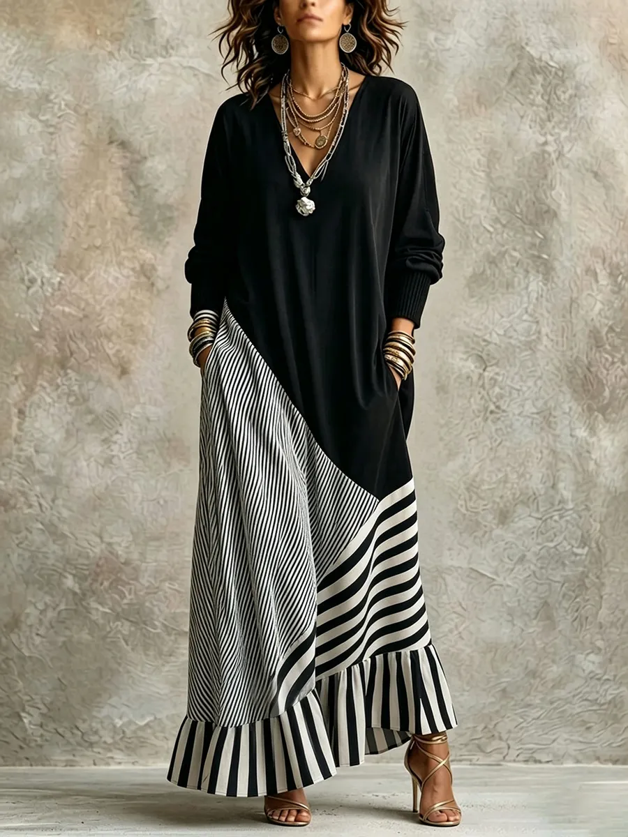 NEW ARRIVALS🔥 Chic Elegant Stretchy Black And Striped Maxi Dress-halonarra