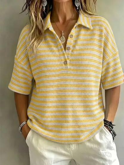 New Arrival 🔥Women'S Fashion Striped Waffle Short-Sleeved Polo Shirt